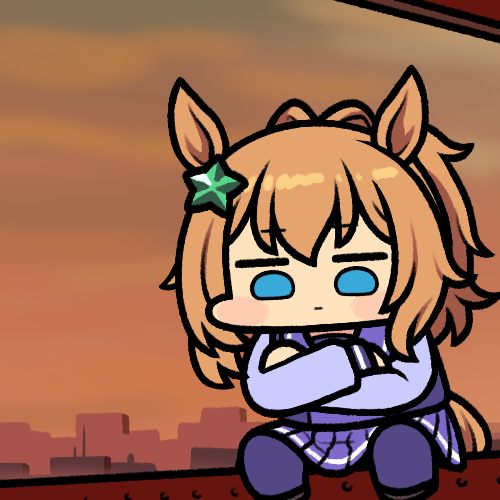 1girl animal_ears blue_eyes blush_stickers chibi chibi_only commentary crossed_arms devilman dusk horse_ears horse_girl horse_tail jazz_jack kyou_mo_dokokade_devilman long_sleeves looking_down lowres medium_hair orange_hair parody pleated_skirt pose_imitation purple_sailor_collar sailor_collar scene_reference school_uniform sitting skirt skyline solo star_ornament steel_beam taiki_shuttle_(umamusume) tail tracen_school_uniform umamusume unamused wide_face winter_uniform