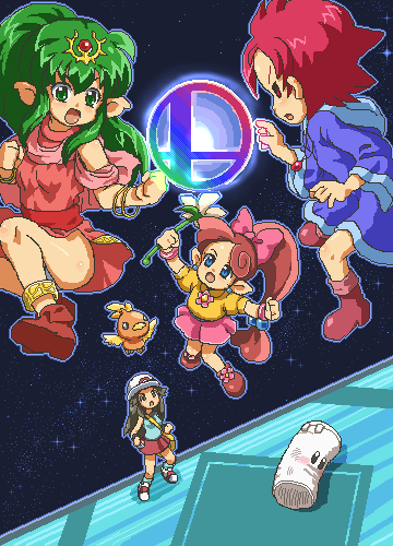 00s 4girls battle blue_eyes blush bow brown_hair dress final_destination_(smash_bros) fire_emblem fire_emblem:_mystery_of_the_emblem fire_emblem:_shadow_dragon gen_3_pokemon green_eyes green_hair hat jaggy_lines kasuga_(kasuga39) kumatora leaf_(pokemon) lip_(panel_de_pon) long_hair lowres matching_hair/eyes miniskirt mother_(series) mother_3 multiple_girls nintendo oekaki open_mouth panel_de_pon panties pantyshot pink_bow pink_hair pointy_ears pokemon pokemon_(creature) pokemon_frlg porkpie_hat red_eyes red_hair sandbag_(smash_bros) short_dress short_hair skirt smash_ball star_(sky) super_smash_bros. tiki_(fire_emblem) tiki_(young)_(fire_emblem) torchic underwear