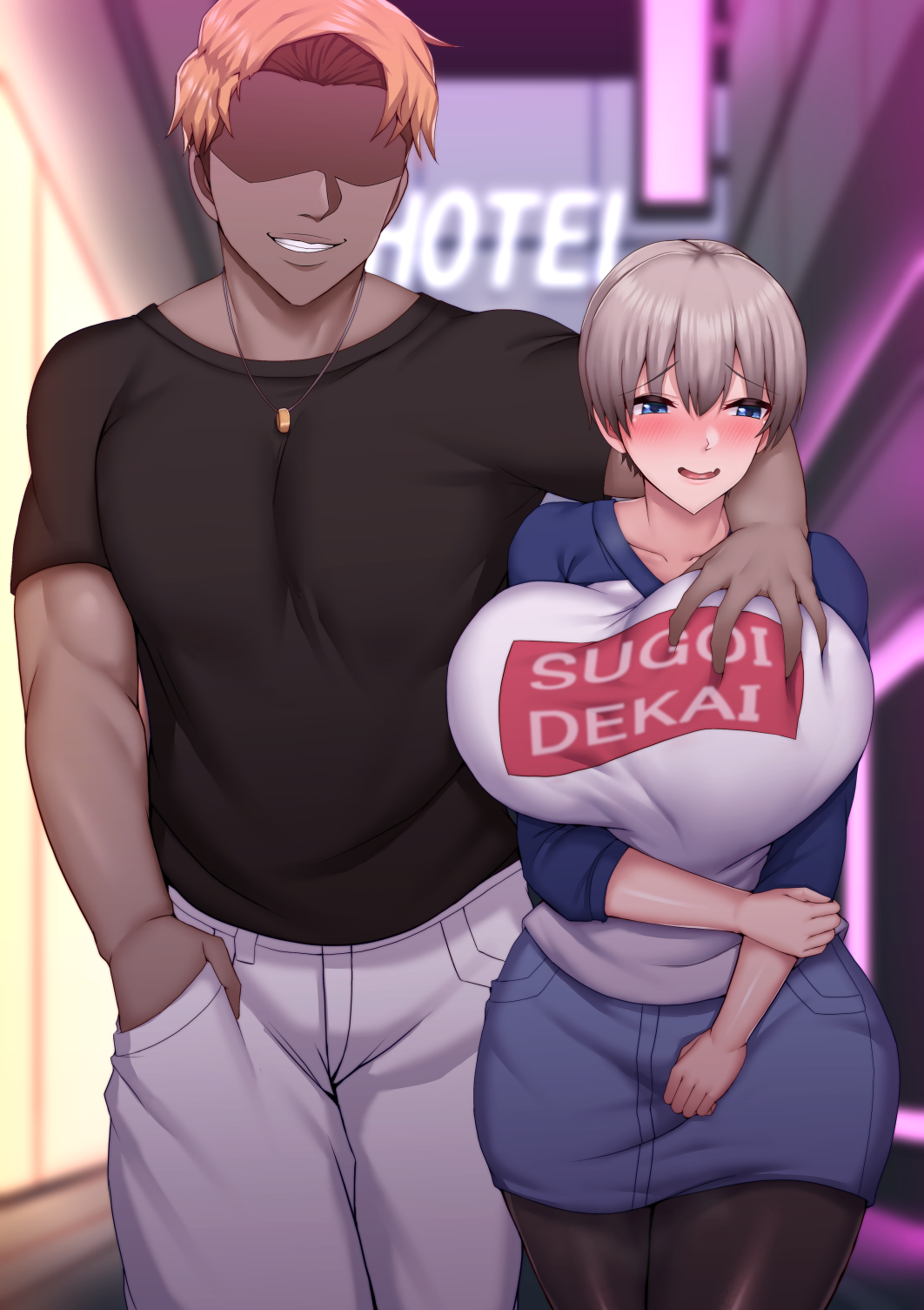 1boy 1girl blue_eyes blush breasts denim denim_skirt doraiasu_issei grabbing_another&#039;s_breast grey_hair groping highres huge_breasts netorare over-the-shoulder pantyhose short_hair skirt uzaki-chan_wa_asobitai! uzaki_hana