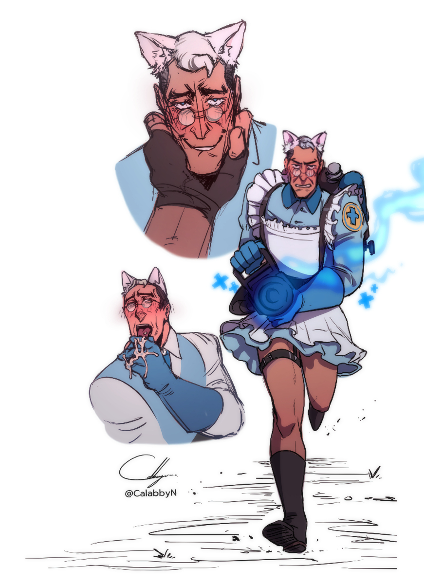 2boys alternate_costume animal_ears apron bara black_boots black_gloves black_hair blu_medic_(tf2) blue_dress blue_eyes blue_gloves blue_vest blush boots cabbage_(ncalabby) cat_boy cat_ears collared_dress collared_shirt cross crossdressing cum cum_on_body cum_on_hands dress enmaided fingerless_gloves frilled_apron frilled_dress frilled_sleeves frills full_body furrowed_brow garter_straps glasses gloves gun healing heavy_(tf2) high_collar highres holding holding_gun holding_weapon kemonomimi_mode long_sleeves looking_at_viewer looking_to_the_side maid maid_apron male_focus male_maid mature_male medic_(tf2) multicolored_hair multiple_boys multiple_views muscular muscular_male open_mouth running shirt short_dress short_hair sideways_glance signature simple_background smile solo_focus team_fortress_2 teeth tongue tongue_out two-tone_hair upper_body upper_teeth_only vest weapon white_apron white_background white_fur white_hair white_shirt yaoi