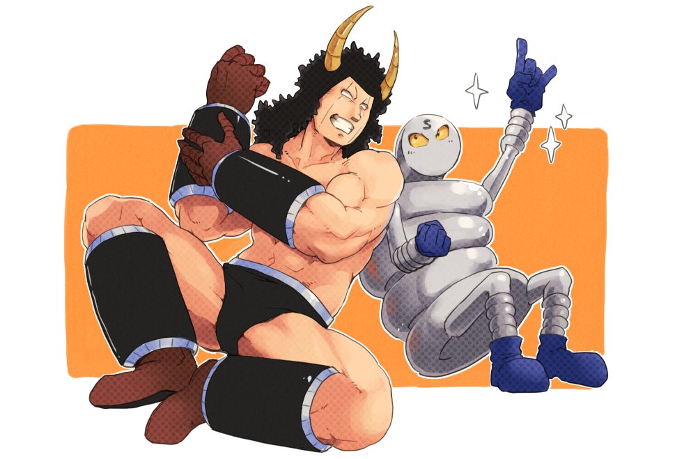 2boys abs biceps blank_eyes blue_gloves buffaloman clenched_hand gloves horns kinnikuman large_pectorals looking_at_another manly monster_boy multiple_boys muscular no_mouth pectorals red_gloves renn_(deathdimensionr) sitting smile spring_(object) springman_(kinnikuman) tag_team teamwork