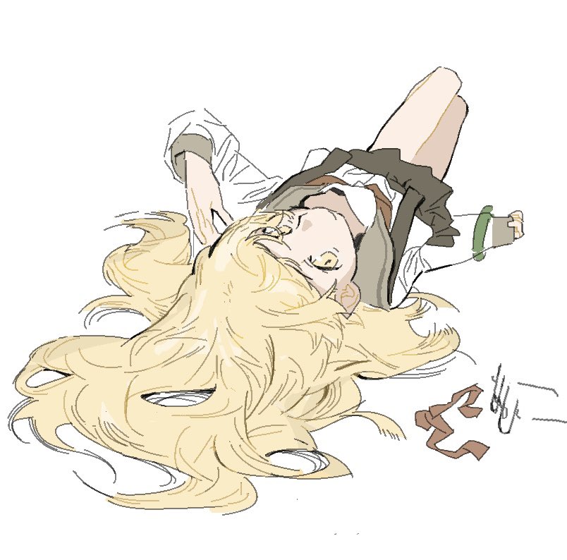 1girl black_skirt blonde_hair closed_mouth full_body glasses grey_sailor_collar hair_spread_out hand_up ichisannyonn knees_up long_hair long_sleeves looking_at_viewer lying monogatari_(series) on_back oshino_shinobu pointy_ears sailor_collar school_uniform serafuku shirt simple_background skirt smile solo suspender_skirt suspenders unworn_eyewear unworn_ribbon upside-down white_background white_shirt yellow_eyes