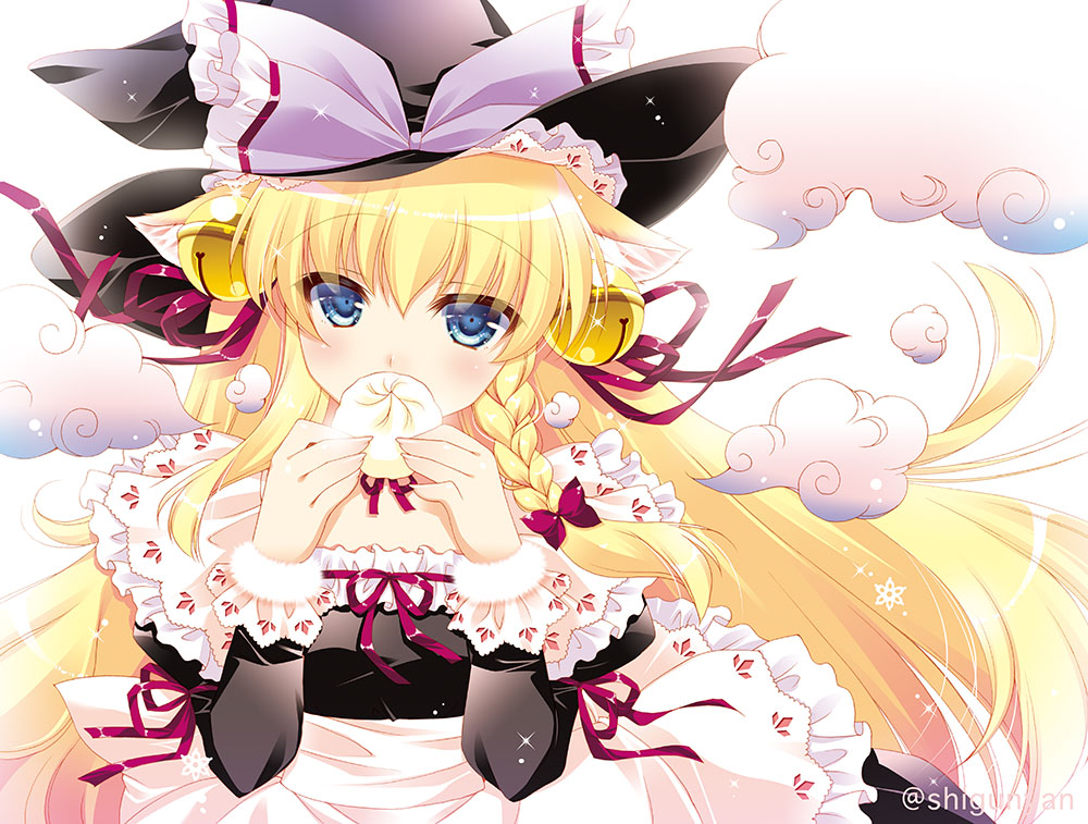 1girl animal_ear_fluff animal_ears apron steamed_bun bell black_dress black_hat blonde_hair blue_eyes braid breasts cat_ears cloud commentary_request dress food frilled_apron frills hair_bell hair_between_eyes hair_ornament hands_up hat holding holding_food jingle_bell juliet_sleeves kemonomimi_mode kirisame_marisa long_hair long_sleeves looking_at_viewer puffy_sleeves shigunyan side_braid single_braid small_breasts solo touhou very_long_hair waist_apron white_apron witch_hat