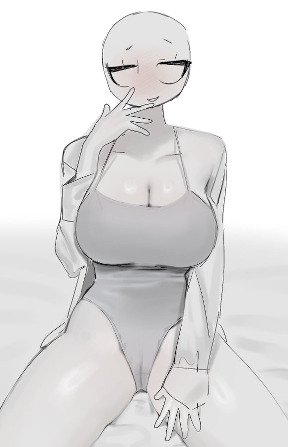 1girl blush breasts cleavage eeeeee03714610 greyscale large_breasts looking_at_viewer monochrome one-piece_swimsuit sitting sketch smile smirk solo swimsuit thighs