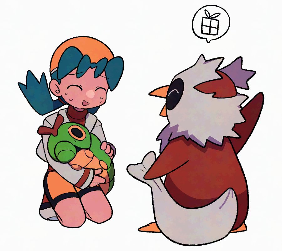 1girl :d caterpie closed_eyes commentary delibird gen_1_pokemon gen_2_pokemon hat holding holding_pokemon jacket kneeling kris_(pokemon) long_hair long_sleeves nintendo open_mouth pokemon pokemon_(creature) pokemon_gsc red_shirt shirt shoes shorts simple_background smile sweat symbol-only_commentary twintails tyako_089 yellow_hat yellow_shorts