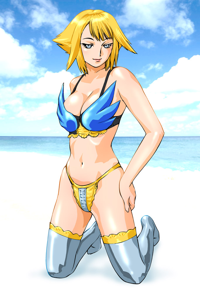 1girl beach bikini blonde_hair day female_focus genderswap genderswap_(mtf) kamen_rider kamen_rider_den-o kamen_rider_den-o_(series) ocean outdoors short_hair sieg solo swimsuit thighhighs ueyama_michirou