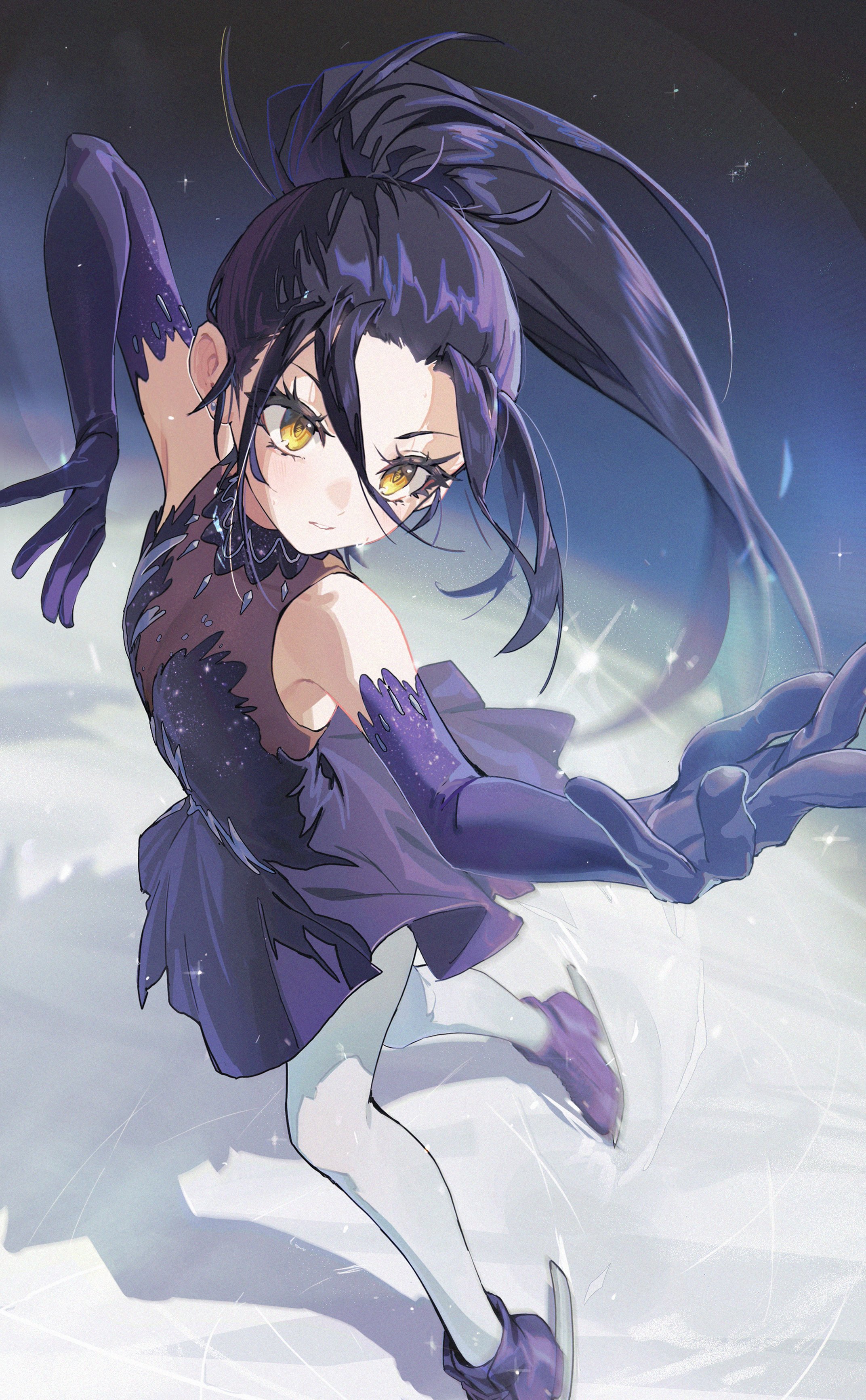 1girl absurdres dress dynamic_pose elbow_gloves figure_skating figure_skating_dress gloves highres kamisaki_hikaru medalist_(manga) pantyhose ponytail r1zen solo white_pantyhose yellow_eyes