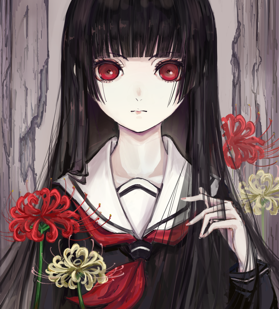 1girl akitsu_(davis0527dx) black_hair black_serafuku black_shirt blunt_bangs closed_mouth enma_ai flower hand_in_own_hair hime_cut jigoku_shoujo long_hair looking_at_viewer neckerchief red_eyes red_flower red_neckerchief sailor_collar school_uniform serafuku shirt sidelocks solo spider_lily white_flower white_sailor_collar white_spider_lily