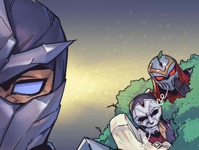 3boys black_gloves blue_eyes bush commentary gloves gradient_background hand_up helmet hiding jhin league_of_legends looking_at_another male_focus mask multiple_boys no_pupils phantom_ix_row red_eyes shen_(league_of_legends) symbol-only_commentary zed_(league_of_legends)
