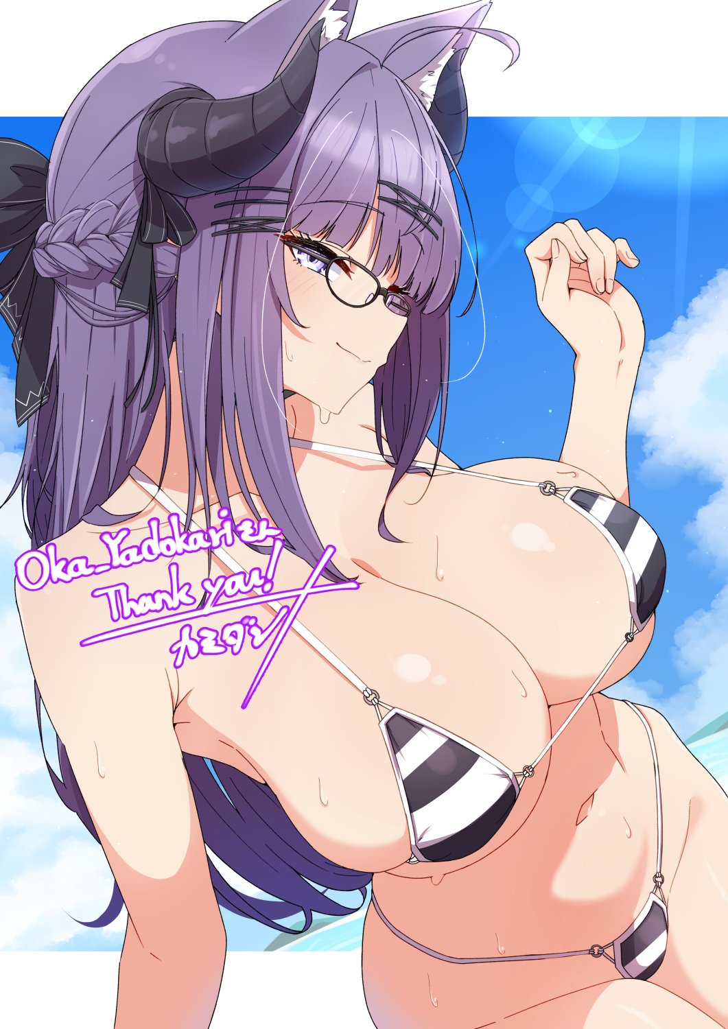 ahoge animal_ear_fluff animal_ears bikini black_ribbon blue_sky blunt_bangs braid breasts character_name character_request check_character check_copyright cleavage commentary_request commission copyright_request cowboy_shot dutch_angle glasses hair_ornament hair_ribbon hairclip half_up_braid highres horn_ornament horn_ribbon horns kamidan large_breasts long_hair navel oka_yadokari original outside_border purple_eyes purple_hair ribbon sidelocks skeb_commission skindentation sky striped_bikini striped_clothes sweat swimsuit vrchat