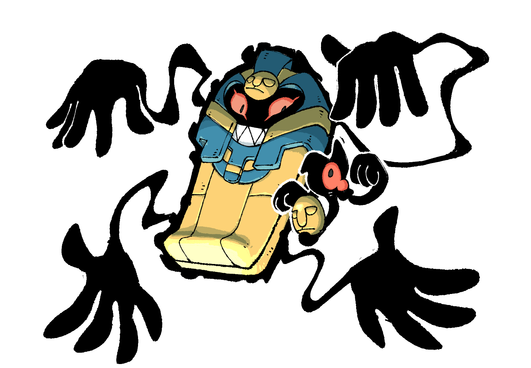aura cofagrigus commentary dark_aura english_commentary evolutionary_line extra_arms full_body gen_5_pokemon ghost grin highres holding holding_mask looking_at_another mask nintendo no_humans pokemon pokemon_(creature) pokemon_focus pr_quote red_eyes sarcophagus sharp_teeth simple_background smile teeth white_background yamask