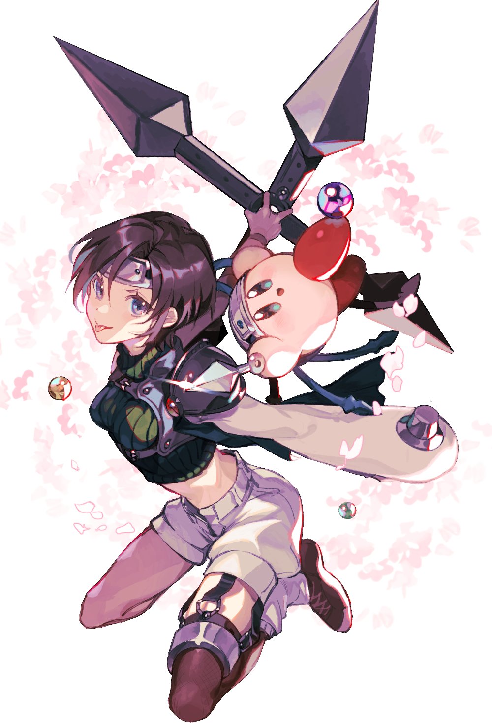 1girl :d armor asymmetrical_legwear brown_footwear brown_hair crop_top dynamic_pose final_fantasy final_fantasy_vii hair_ornament headband highres holding_shuriken holding_weapon huge_weapon jumping kirby kirby_(series) kunai leg_warmers materia mismatched_legwear ninja ninja_kirby nintendo open_mouth pauldrons petals pokashi shoes short_hair shorts shoulder_armor shuriken single_pauldron sleeveless_turtleneck_crop_top smile tassel tassel_hair_ornament turtleneck_crop_top weapon yuffie_kisaragi