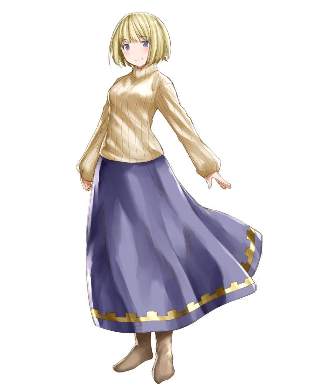 1girl black_legwear blonde_hair blue_eyes blush bob_cut breasts female_focus full_body highres kasuga_yukihito kriemhild_(kasuga_yukihito) long_skirt no_shoes original ribbed_sweater short_hair skirt smile solo sweater turtleneck white_background