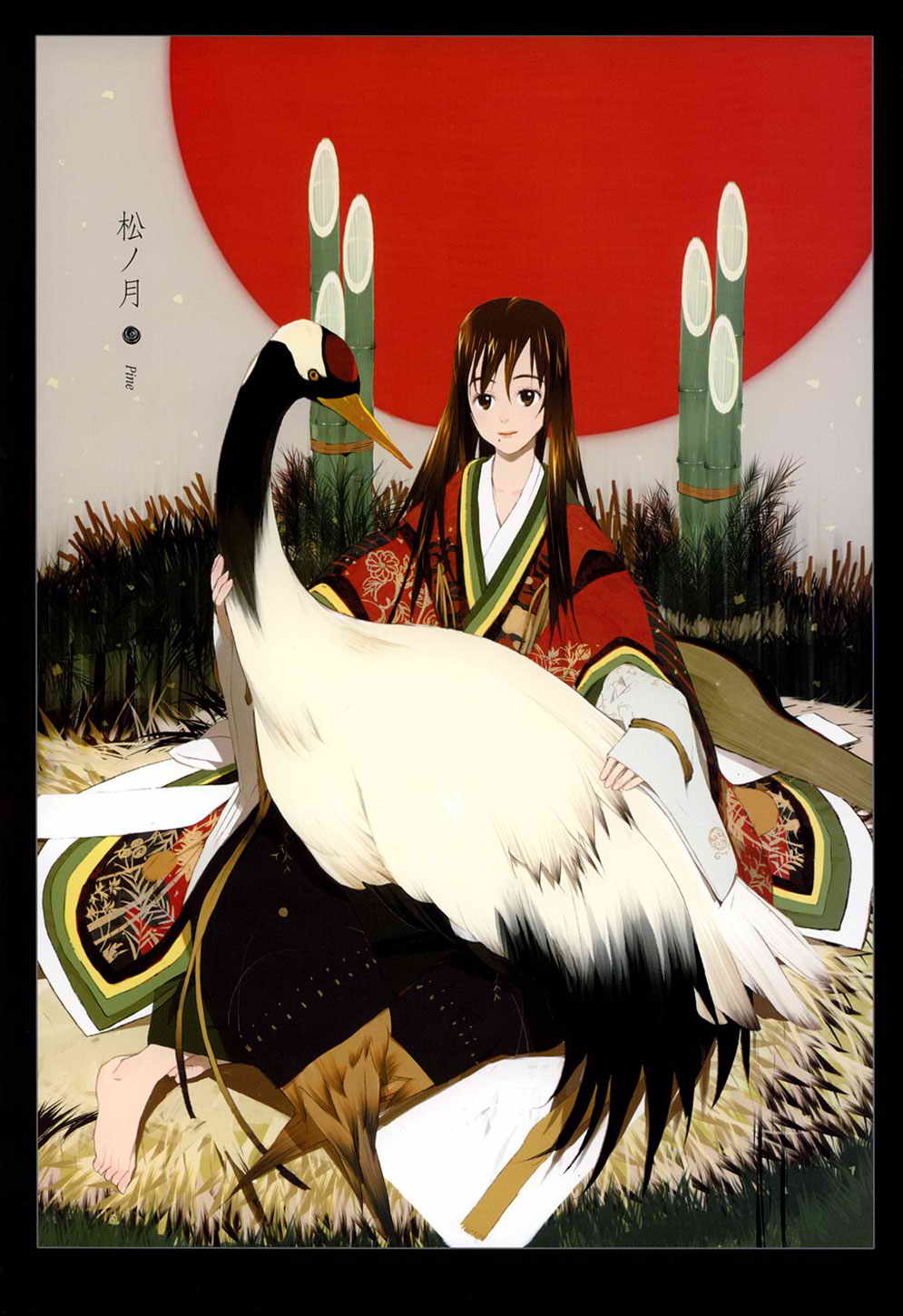 1girl animal_ears barefoot bird comic crane_(animal) dress female_focus highres japanese_clothes kimono mole mole_under_mouth okama original print_dress print_kimono sitting solo tail