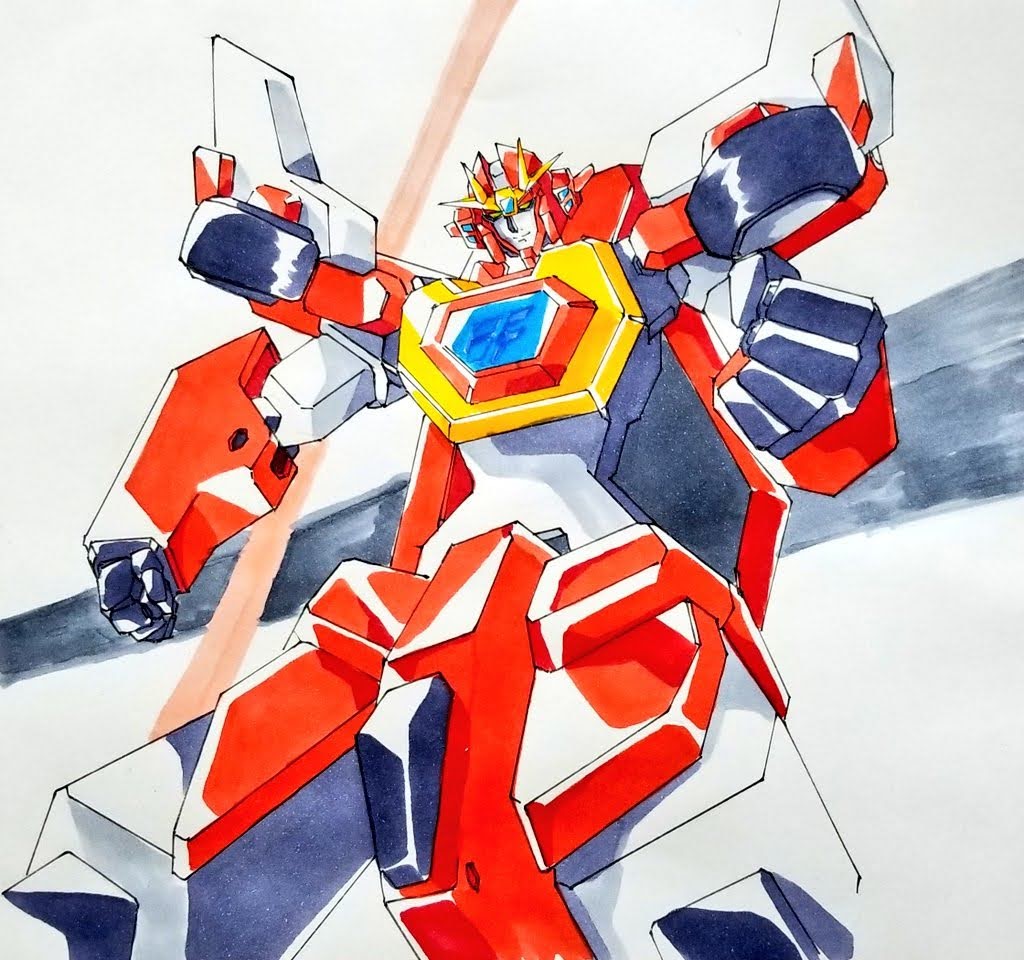 clenched_hands fiberlion head_tilt k.yu-ki looking_at_viewer looking_down mecha no_humans oobari_masami_(style) orange_eyes original robot science_fiction smile super_robot v-fin wheel