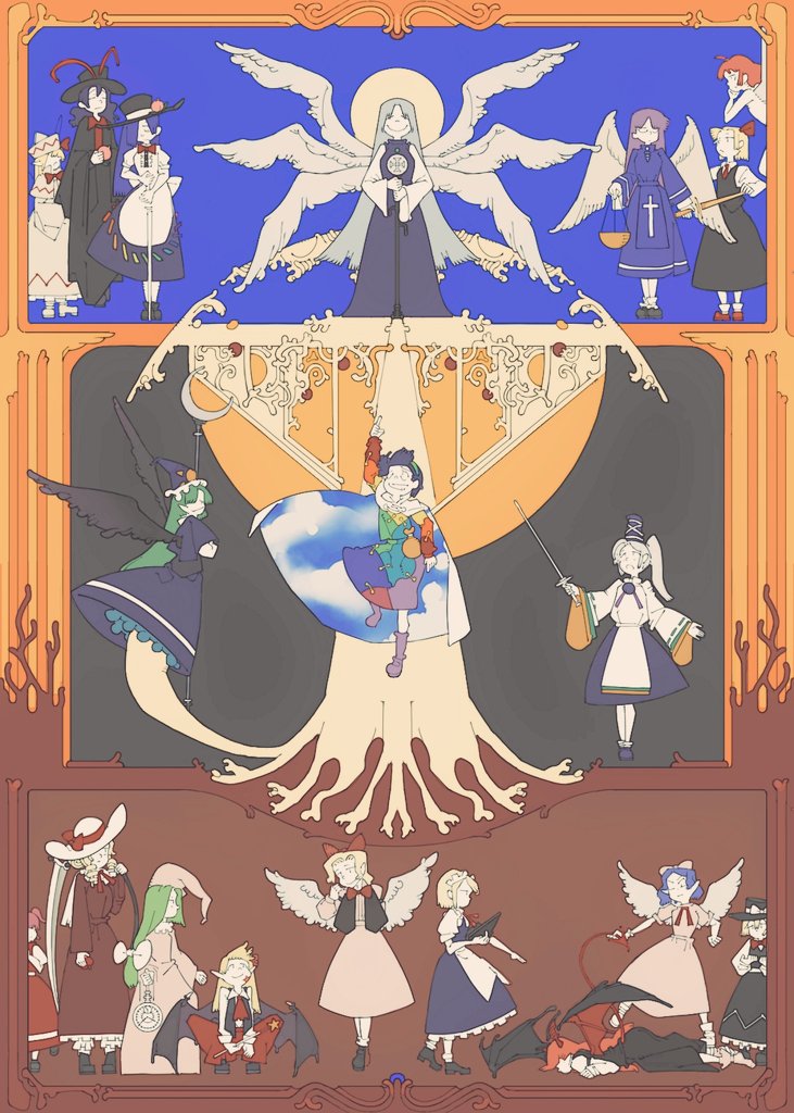 6+girls angel angel_wings ascot bat_wings black_hat black_wings blonde_hair blue_capelet blue_hair blue_robe bolos bow cape capelet cloak clock cloud_print curly_hair dress elis_(touhou) elly_(touhou) everyone facial_mark feathered_wings food food-themed_hair_ornament fruit fruit_hat_ornament ghost_tail green_hair green_hairband grey_hair hair_ornament hairband hat hat_bow hat_ornament hat_ribbon highly_responsive_to_prayers hinanawi_tenshi holding holding_scythe kazami_yuuka kazami_yuuka_(pc-98) kurumi_(touhou) leaf_hat_ornament lily_white mai_(touhou) mima_(touhou) multicolored_dress multicolored_hairband multiple_girls multiple_others multiple_wings nightcap nightgown orange_sleeves pajamas pants parasol patchwork_clothes peach peach_hair_ornament peach_hat_ornament phantasmagoria_of_dim.dream pink_pajamas plaid_clothes plaid_pants plaid_vest pointing pointing_down pointing_up purple_wings rainbow_gradient rainbow_order red_dress ribbon robe sara_(touhou) sariel_(touhou) scythe seraph sky_print smile staff star_(symbol) star_facial_mark story_of_eastern_wonderland sun_print sun_symbol suspenders tenkyuu_chimata touhou touhou_(pc-98) two-sided_cape two-sided_fabric umbrella vest white_cape white_capelet white_cloak white_hat wings witch_hat wizard_hat yellow_sleeves yuki_(touhou)