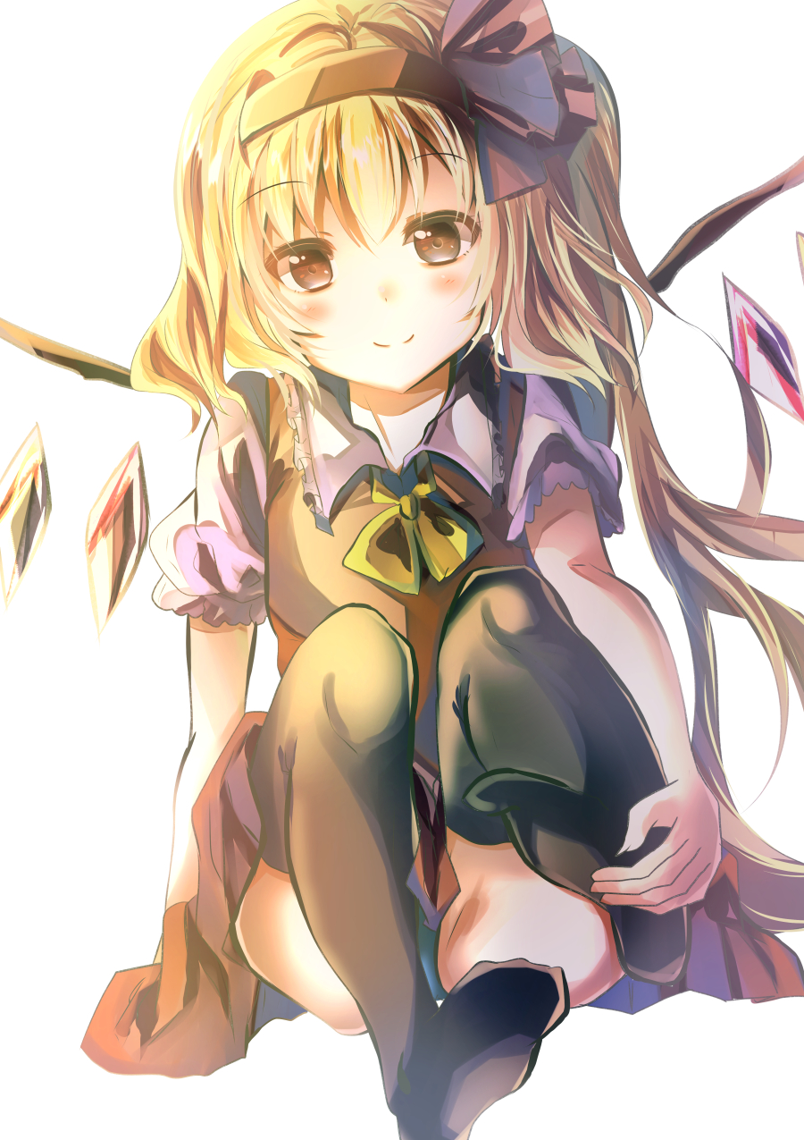 1girl artist_request bad_feet bad_id bad_pixiv_id black_pantyhose blonde_hair blush collar crystal dress female_focus flandre_scarlet full_body hair_ornament hairband highres holding_foot long_hair looking_at_viewer pantyhose red_dress red_eyes shirt sitting smile solo touhou white_background white_shirt wings yellow_neckwear