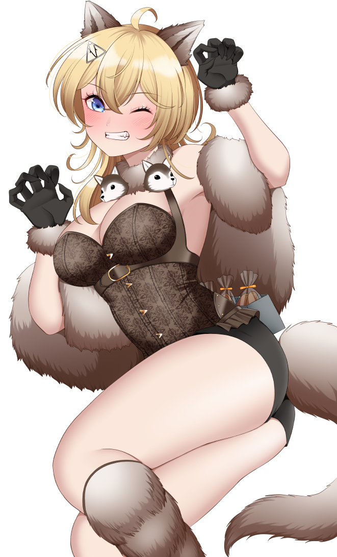 1girl animal_ears black_gloves blonde_hair blush breasts cleavage commentary_request fake_animal_ears fur-trimmed_gloves fur_trim gloves hair_between_eyes kantai_collection large_breasts looking_at_viewer medium_breasts medium_hair open_mouth simple_background smile solo tail thighs tuscaloosa_(halloween)_(kancolle) tuscaloosa_(kancolle) v-shaped_eyebrows white_background wolf_ears wolf_tail yomogi_dango