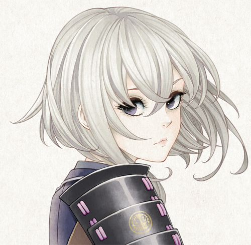 1boy armor bishounen closed_eyes from_side honebami_toushirou japanese_armor japanese_clothes leuco looking_at_viewer looking_to_the_side lowres male_focus portrait purple_eyes shoulder_armor simple_background sode solo touken_ranbu white_background white_hair