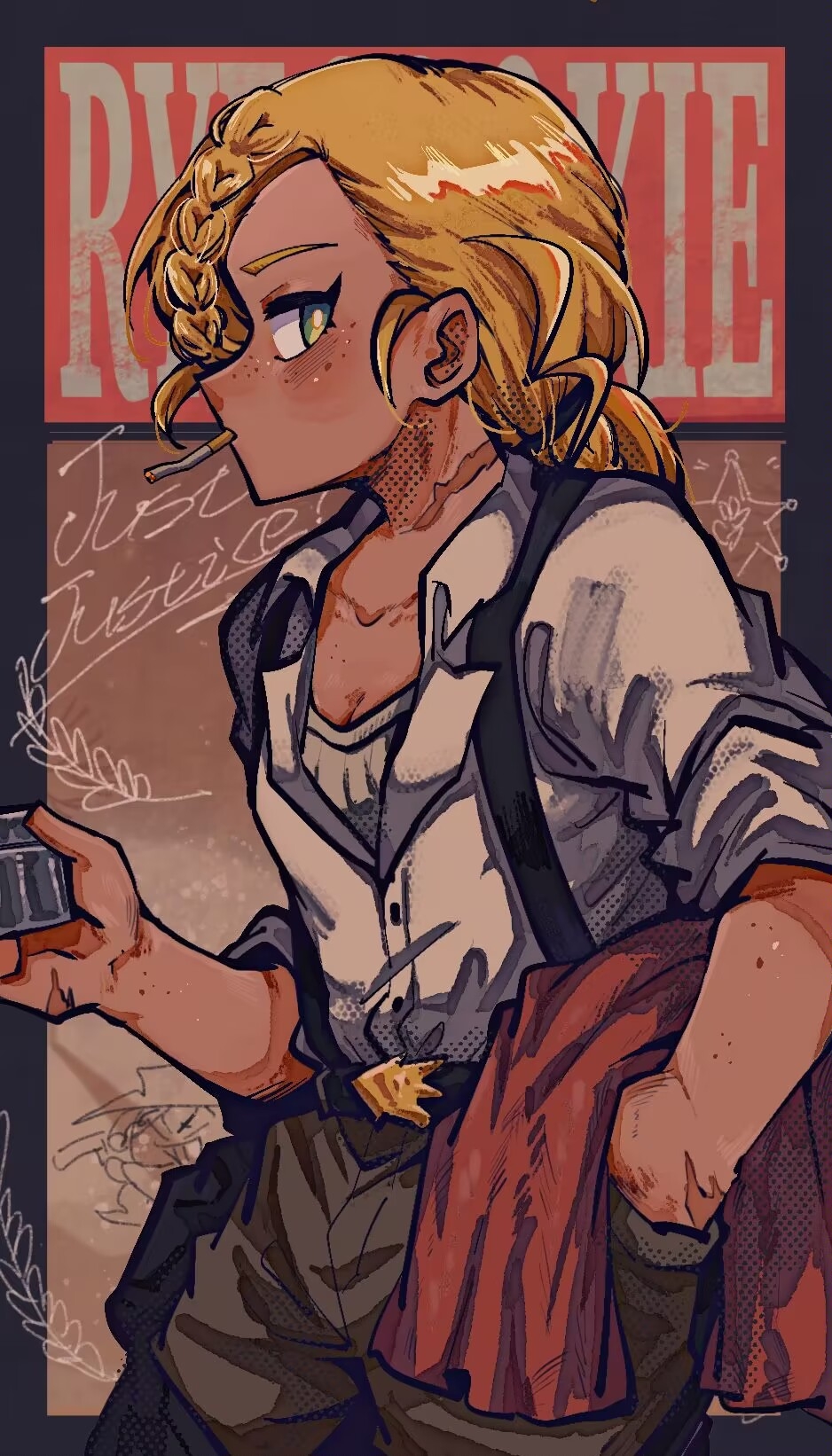 1girl belt_buckle black_border blonde_hair border braided_sidelock breasts bright_pupils brown_background buckle buttons character_name cigarette cleavage cloak collarbone cookie_run cowboy_shot cowboy_western dark-skinned_female dark_skin dress_shirt elbow_on_own_hip eyelashes freckles green_eyes grey_pants hair_behind_ear halftone hand_in_pocket highres holding holding_lighter holding_unworn_clothes humanization lighter long_hair looking_back no_cape no_headwear open_collar overalls pants partially_unbuttoned ponytail profile rye_cookie scar scar_on_neck shirt shirt_tucked_in shuaige_tang_tian_suo side_part sleeves_rolled_up small_breasts solo standing unworn_cloak white_pupils white_shirt wing_collar