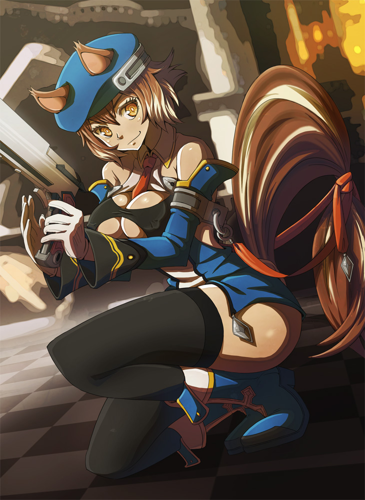 1girl alternate_costume animal_ears arc_system_works bare_shoulders beret between_breasts black_thighhighs blazblue blazblue:_continuum_shift blue_boots boots breasts brown_eyes brown_hair cleavage cosplay covered_erect_nipples detached_sleeves dress female_focus gloves gun handgun hat kneeling large_breasts legs makoto_nanaya necktie noel_vermillion noel_vermillion_(cosplay) on_one_knee ribbon short_dress short_hair smile solo squirrel_ears squirrel_tail tail tail_ornament tail_ribbon thighhighs thighs underboob uniform vinhnyu weapon yellow_eyes
