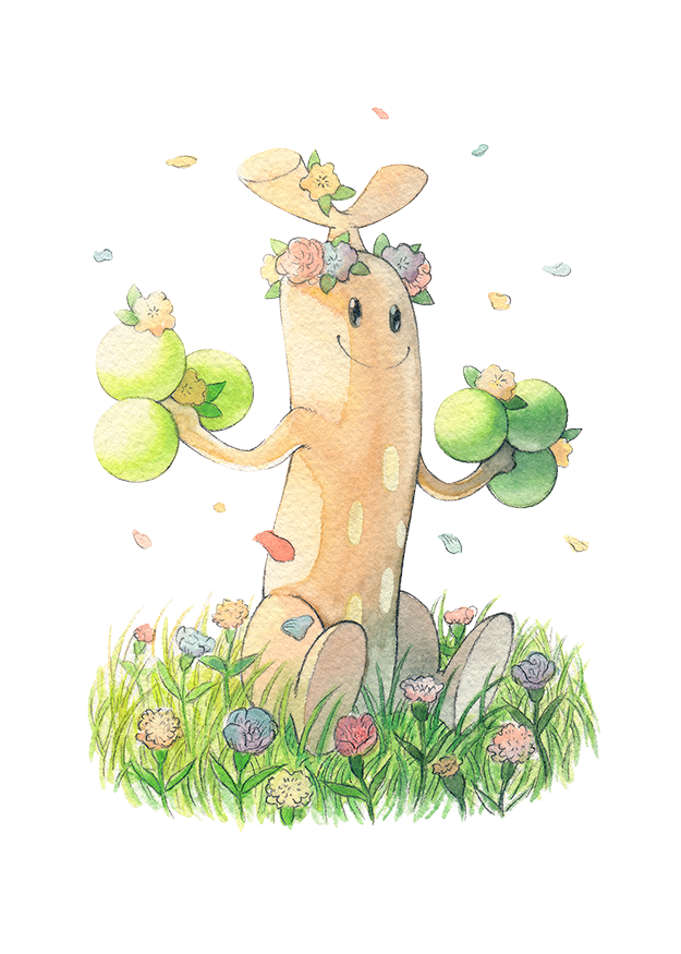black_eyes blue_flower closed_mouth commentary english_commentary falling_petals flower flower_wreath gen_2_pokemon grass head_wreath nintendo no_humans oliver_hamlin on_grass painting_(medium) petals pink_flower pokemon pokemon_(creature) red_flower simple_background smile solid_oval_eyes solo sudowoodo traditional_media watercolor_(medium) white_background yellow_flower