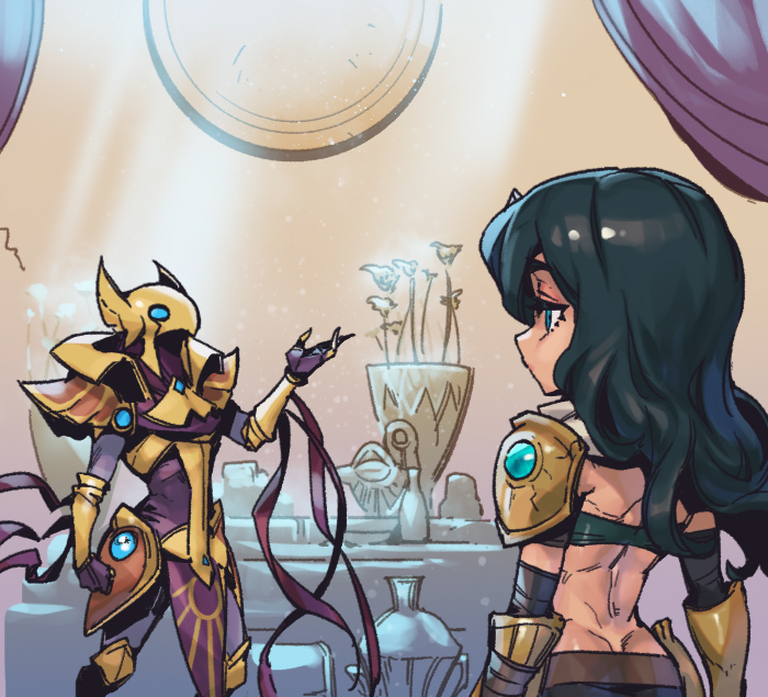 1boy 1girl ancient_egyptian armor ass azir bird_mask black_hair clenched_hand cowboy_shot from_behind glowing glowing_eyes gold_armor green_eyes hand_up helmet league_of_legends long_hair looking_at_another mask phantom_ix_row plant potted_plant shoulder_armor sivir