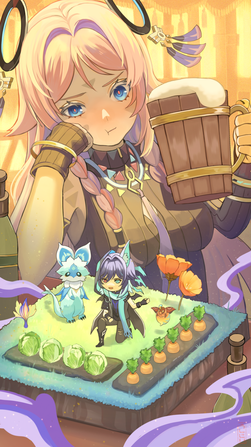 1boy 1girl alcohol animal_ears arm_markings bare_shoulders bat_ears beer black_hood black_leotard blue_eyes blue_scarf bottle braid cabbage carrot citlali_(genshin_impact) closed_mouth commentary_request cup elbow_rest facial_mark fingerless_gloves floating_headgear foam genshin_impact gloves grandmother_and_grandson hair_between_eyes hair_intakes hand_on_own_cheek hand_on_own_face heterochromia highres holding holding_cup iktomisaurus_(genshin_impact) kneeling leotard long_hair looking_at_viewer on_one_knee open_mouth ororon_(genshin_impact) pink_eyes pink_hair pink_pupils pout purple_hair scarf sitting leotard sleeveless_turtleneck_leotard tankard triangle triangle_facial_mark twin_braids ushijiya
