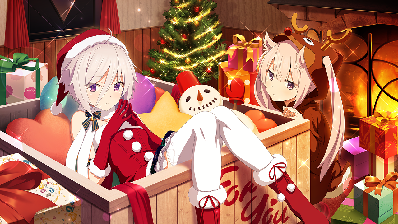 2girls animal_costume box brown_hoodie christmas christmas_ornaments christmas_present christmas_tree closed_mouth curtains deer_hood dress elbow_gloves fireplace frown game_cg gift gift_box gloves grey_hair hair_between_eyes hair_horns hair_through_hood hat hood hood_up hoodie in_box in_container indoors itomi_sayaka long_hair looking_at_viewer mashiko_kaoru multiple_girls official_art pink_hair purple_eyes red_dress red_gloves red_socks santa_hat short_dress short_hair sitting snowman socks steepled_fingers thighhighs toji_no_miko toji_no_miko:_kizamishi_issen_no_tomoshibi twintails white_thighhighs window