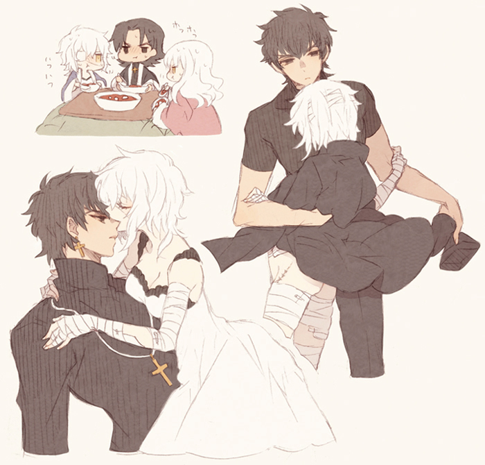 1boy 2girls bandages borrowed_clothes caren_hortensia claudia_hortensia cross family fate/zero fate_(series) father_and_daughter guilty kotatsu kotomine_kirei mother_and_daughter multiple_girls table tsumi_guilty