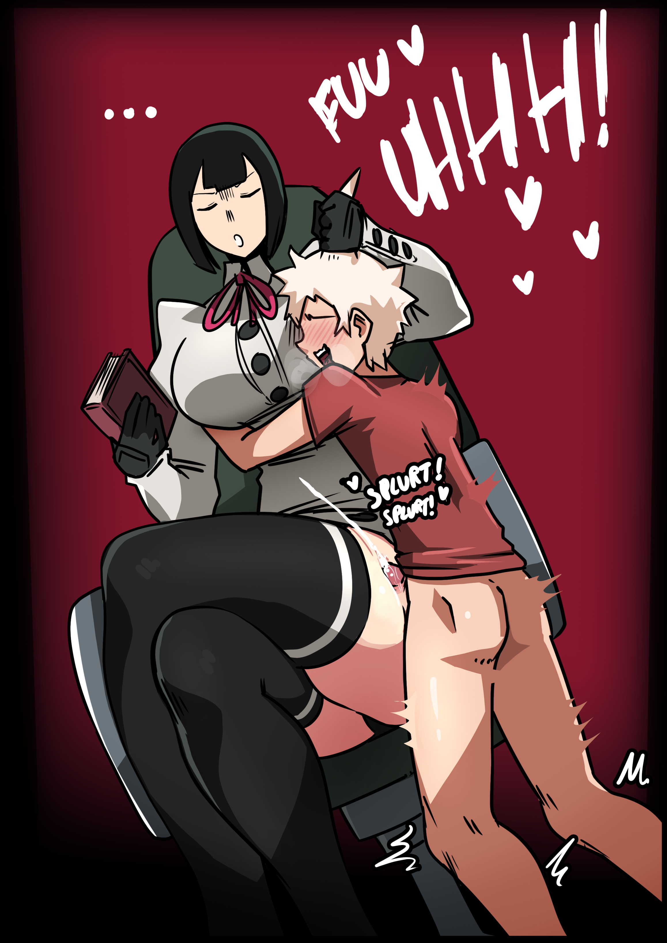1boy 1girl absurdres angry annoyed black_eyes black_hair blush book breasts comic cum ejaculation erection grabbing_another's_hair hair_pulled height_difference hetero highres hug large_breasts mosbles motion_lines pants unworn_pants penis red_background red_shirt setena_(sumata_cafe) shirt sitting size_difference sound_effects spiked_hair standing sumata_cafe tall_female tall_female_short_male taller_female thick_thighs thigh_sex thighhighs thighs white_hair