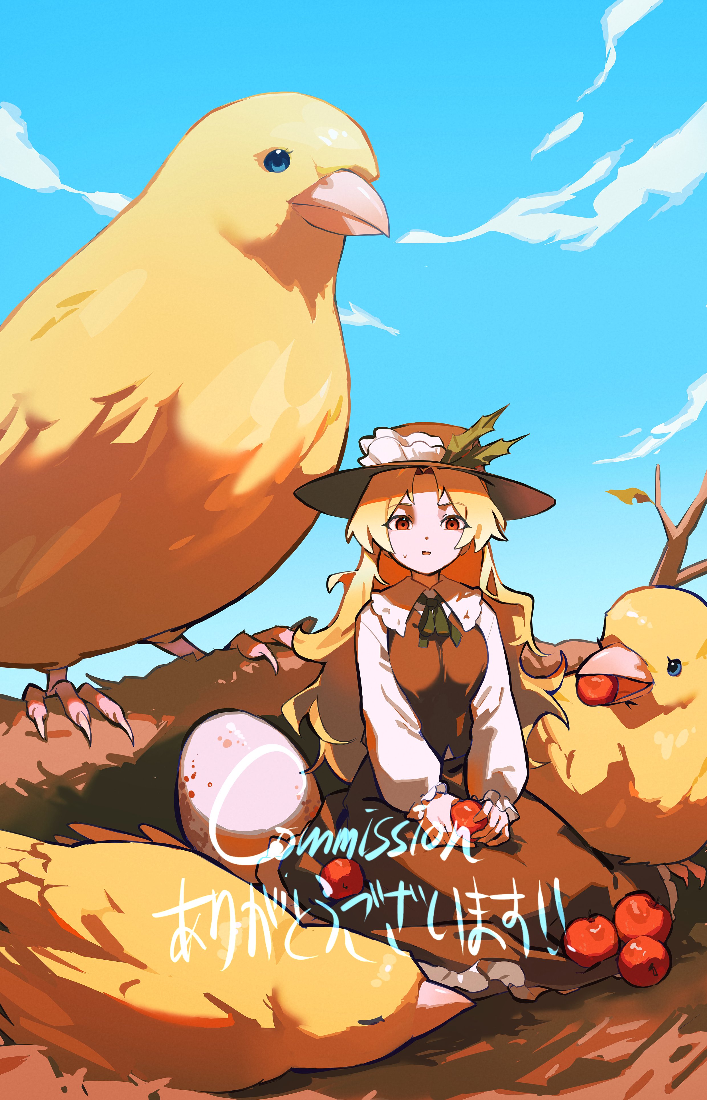 1girl absurdres apple ascot bird blonde_hair brown_dress brown_hat commentary_request dolls_in_pseudo_paradise dress egg favnvs_(s910a_ib6) food frilled_hat frilled_shirt_collar frills fruit green_ascot hat hat_feather highres jacket_girl_(dipp) long_hair long_sleeves looking_at_viewer mini_person minigirl outdoors parted_bangs parted_lips red_eyes shirt sitting solo touhou very_long_hair wavy_hair white_shirt yellow_bird