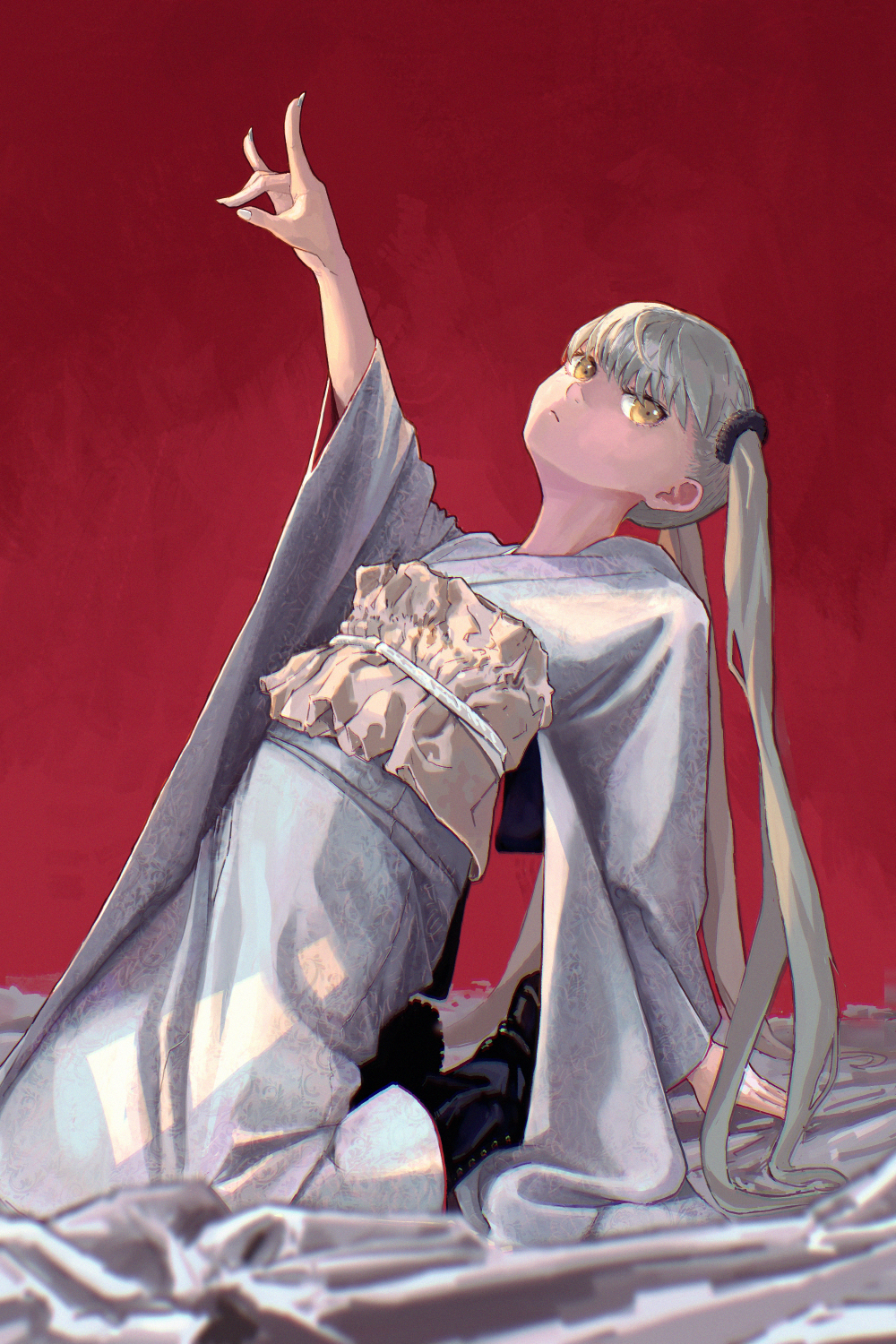 1girl arm_support arm_up bed_sheet black_boots black_scrunchie boots breasts brown_eyes closed_mouth expressionless fox_shadow_puppet frilled_sash full_body furisode furisode_sleeves grey_kimono grey_sash hand_up highres japanese_clothes kimono kneeling leaning_back long_hair long_sleeves looking_afar looking_to_the_side monogatari_(series) obi obijime oikura_sodachi owarimonogatari red_background rhinth sash scrunchie small_breasts solo twintails very_long_hair