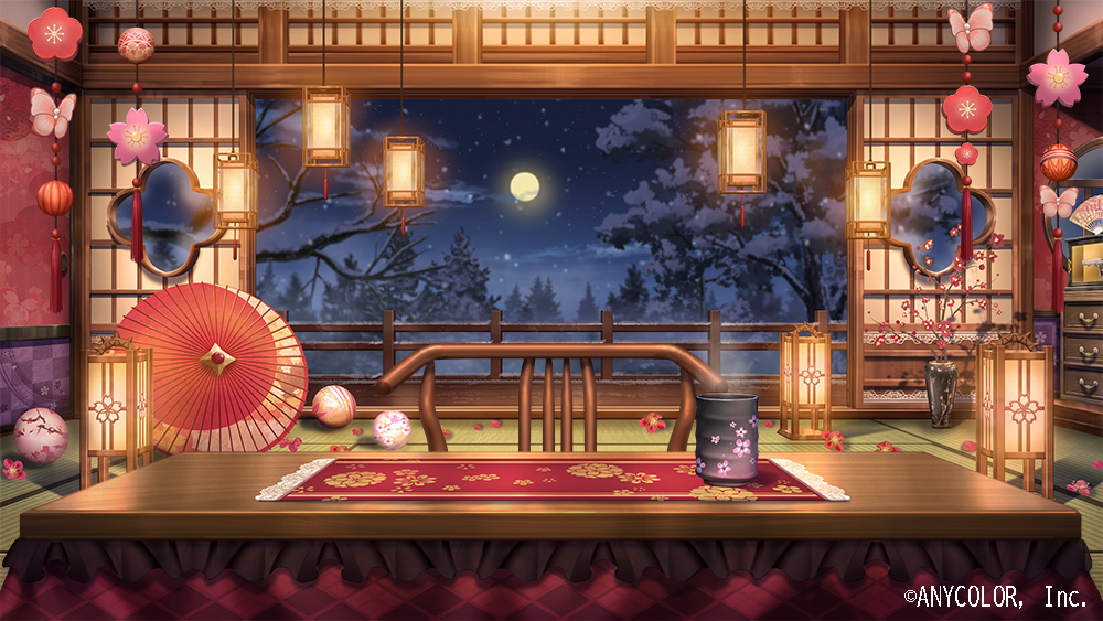 architecture ball bare_tree branch bug butterfly chair copyright_notice cup drawer east_asian_architecture flower folding_fan full_moon gun hand_fan handgun indoors insect kotatsu lain_paterson lantern mobile moon night nijisanji no_humans official_art oil-paper_umbrella paper_lantern pink_butterfly plum_blossoms red_flower scenery shouji sliding_doors snow snowing steam sugawa_mako table tatami temari_ball tree umbrella vase veranda weapon weapon_rack window yunomi zaisu