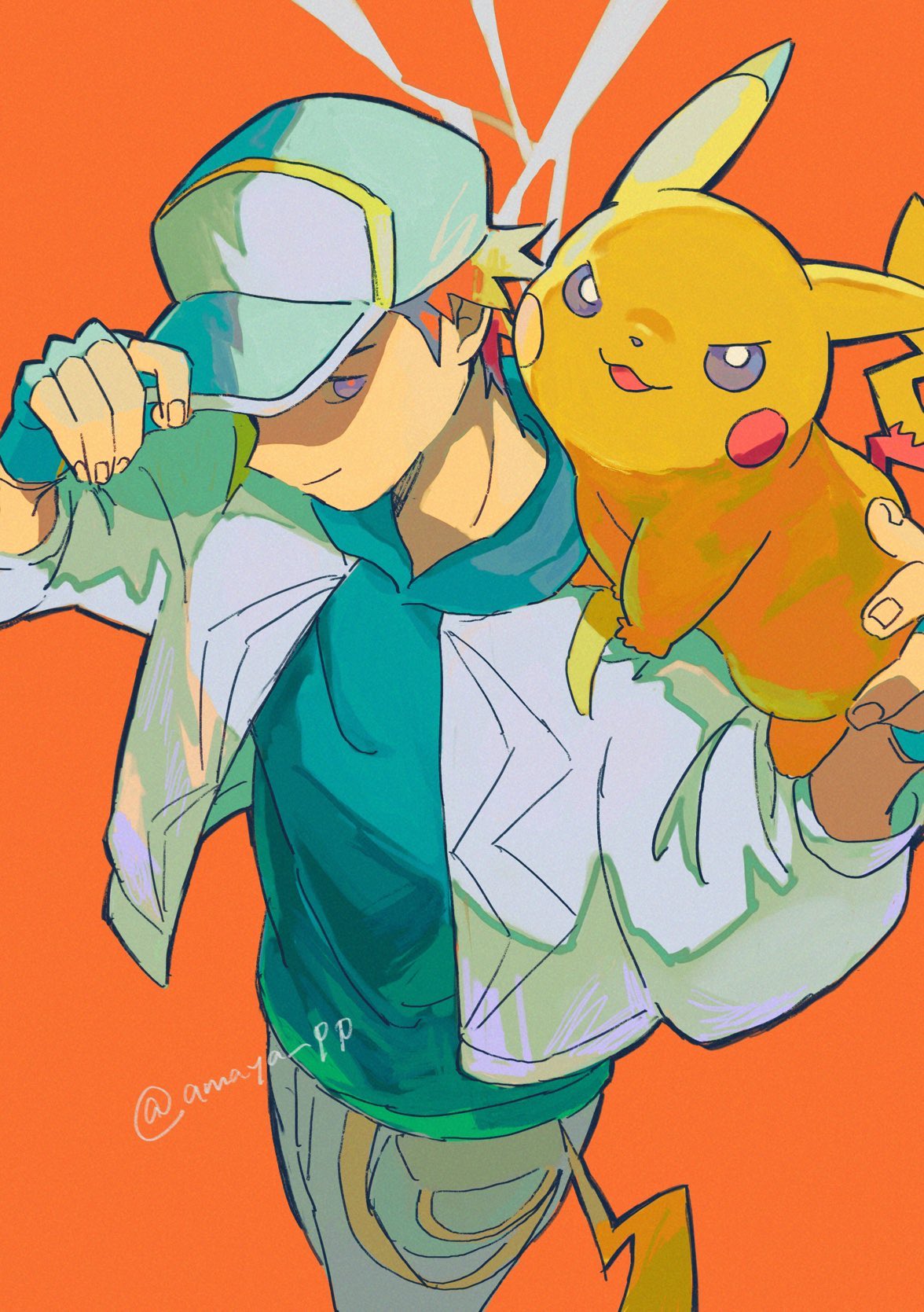 1boy amaya_uw closed_mouth commentary_request fingerless_gloves gen_1_pokemon gloves hand_on_headwear hands_up hat highres jacket male_focus nintendo official_alternate_costume on_shoulder open_clothes open_jacket orange_background pants pikachu pokemon pokemon_(creature) pokemon_masters_ex pokemon_on_shoulder red_(pokemon) red_(sygna_suit)_(thunderbolt)_(pokemon) short_hair smile twitter_username watermark