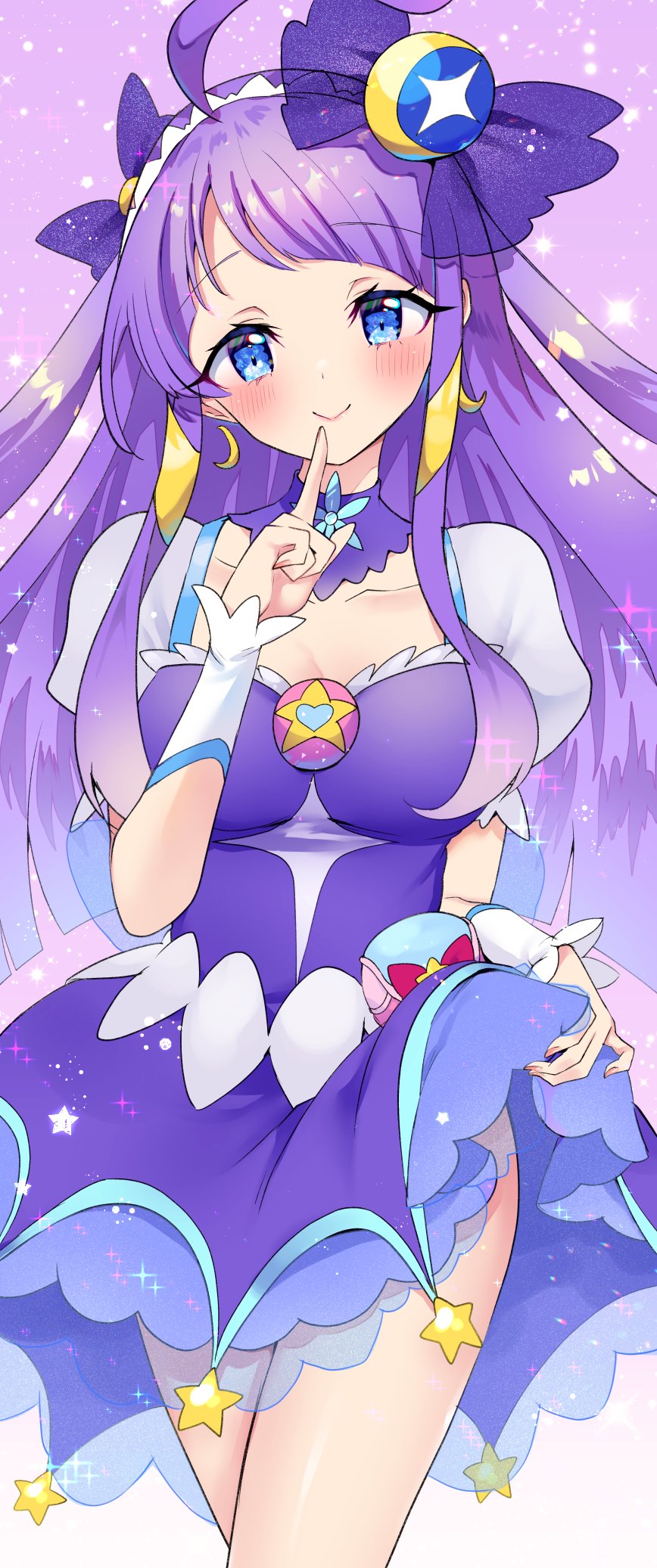 1girl alternate_breast_size blue_eyes bow breasts choker collarbone commentary crescent crescent_earrings cure_selene dress earrings hair_ornament heart_pouch highres jewelry kaguya_madoka long_hair looking_at_viewer magical_girl medium_breasts mikorin precure puffy_sleeves purple_bow purple_choker purple_dress purple_hair purple_theme see-through_clothes see-through_skirt short_sleeves skirt skirt_hold smile star_(symbol) star_choker star_color_pendant star_hair_ornament star_twinkle_precure upper_body wrist_cuffs