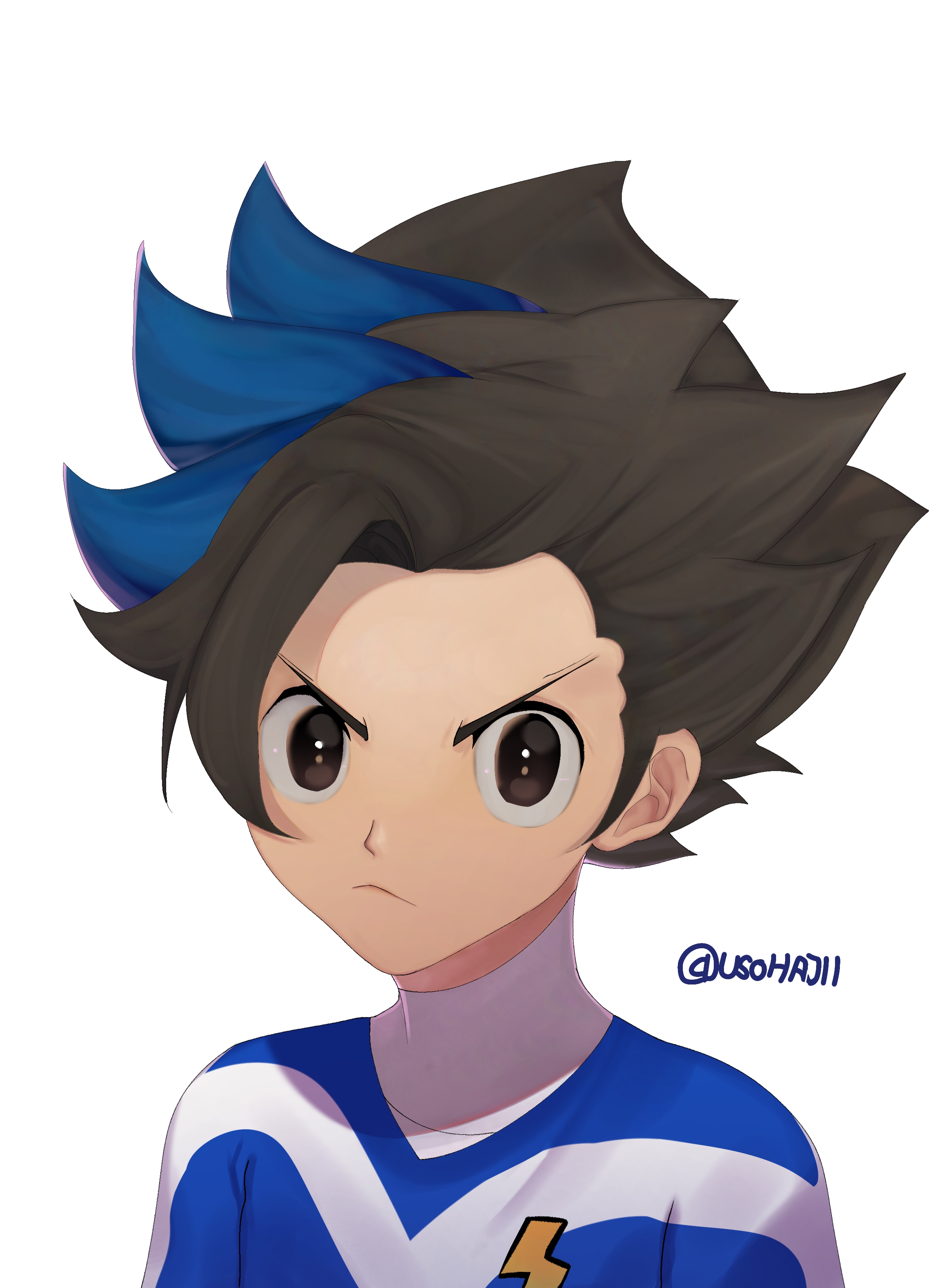 1boy absurdres black_hair blue_hair brown_eyes highres inazuma_eleven_(series) inazuma_eleven_go inazuma_eleven_go_galaxy male_focus matatagi_hayato md5_mismatch multicolored_hair resolution_mismatch self-upload signature solo source_smaller two-tone_hair