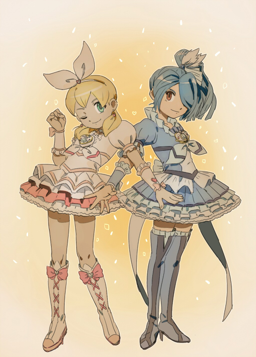 2boys bad_id bad_pixiv_id bishounen blonde_hair blue_footwear blue_skirt boots choker cosplay cure_beat cure_beat_(cosplay) cure_rhythm cure_rhythm_(cosplay) dress frills green_eyes hair_over_one_eye hair_ribbon inazuma_eleven inazuma_eleven_(series) kazemaru_ichirouta knee_boots long_hair magical_girl male_focus miyasaka_ryou multiple_boys one_eye_closed pall ponytail precure ribbon sepia_background skirt smile suite_precure tan thigh_boots thighhighs trap white_choker wink