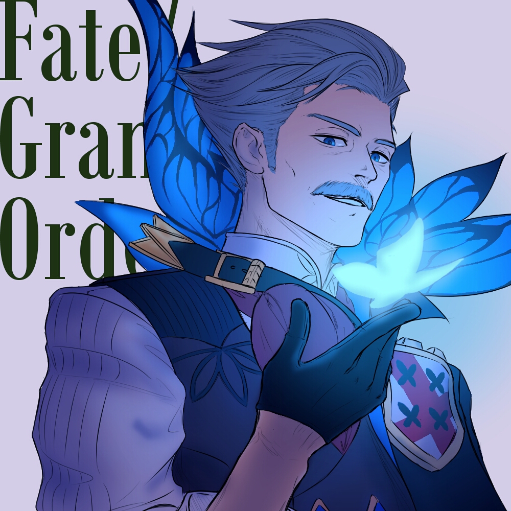 1boy ascot black_gloves blue_butterfly bug butterfly butterfly_on_hand copyright_name facial_hair fate/grand_order fate_(series) gloves glowing_butterfly hierotubas insect james_moriarty_(archer)_(fate) looking_at_viewer male_focus mustache old old_man parted_lips short_hair sideburns simple_background solo upper_body