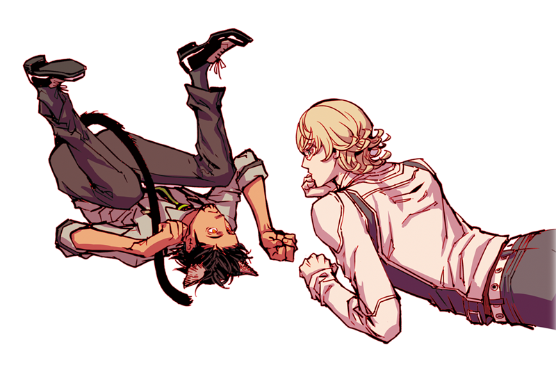 2boys animal_ear_fluff animal_ears barnaby_brooks_jr. belt black_pants blonde_hair brown_eyes brown_hair cat_ears cat_tail claw_pose closed_mouth collared_shirt commentary_request dark-skinned_male dark_skin eye_contact facial_hair glasses goatee grey_shirt hand_on_own_face jacket kaburagi_t._kotetsu kemonomimi_mode long_sleeves looking_at_another lying male_focus minamida multicolored_footwear multiple_boys necktie on_stomach pants rimless_eyewear shirt shirt_tucked_in shoelaces simple_background sleeve_cuffs sleeves_past_wrists sleeves_rolled_up striped_necktie suspenders tail tiger_&amp;_bunny upside-down wavy_hair white_background white_belt white_jacket wing_collar