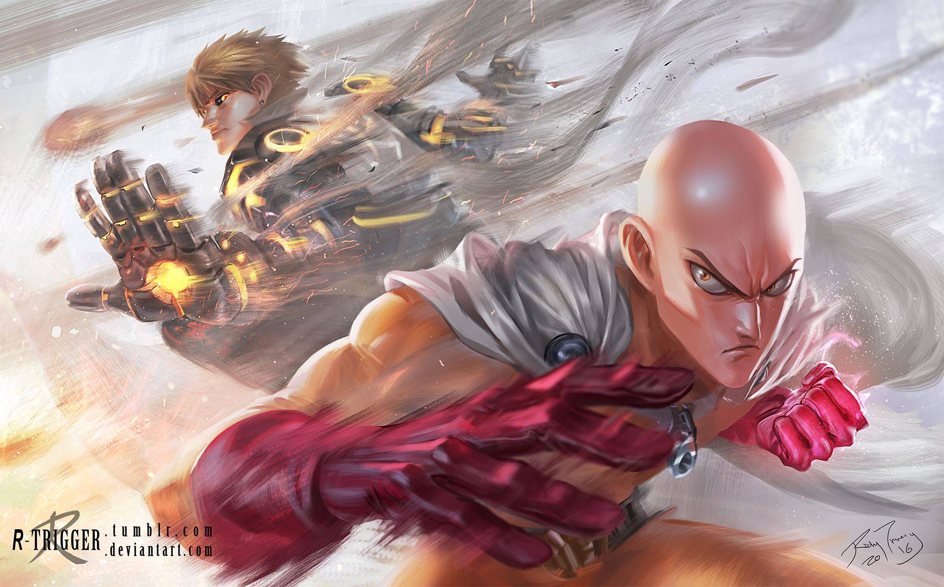 2016 2boys artist_logo artist_name bad_deviantart_id bad_id bald black_sclera blonde_hair bodysuit cape clenched_hand closed_mouth colored_sclera cyborg deviantart_username fighting_stance genos gloves highres logo long_sleeves male_focus multiple_boys one-punch_man orange_eyes red_gloves richy_truong saitama_(one-punch_man) short_hair signature superhero_costume tumblr_username watermark web_address white_cape yellow_bodysuit yellow_eyes zipper zipper_pull_tab