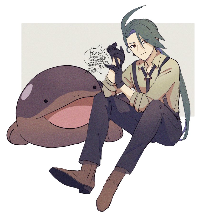 1girl adjusting_clothes adjusting_gloves ahoge black_gloves black_necktie black_pants boots brown_footwear clodsire closed_mouth collared_shirt commentary_request gloves green_hair grey_background long_hair necktie nintendo pants pokemon pokemon_(creature) pokemon_sv rika_(pokemon) sagemaru-br shirt signature sitting sleeves_rolled_up suspenders