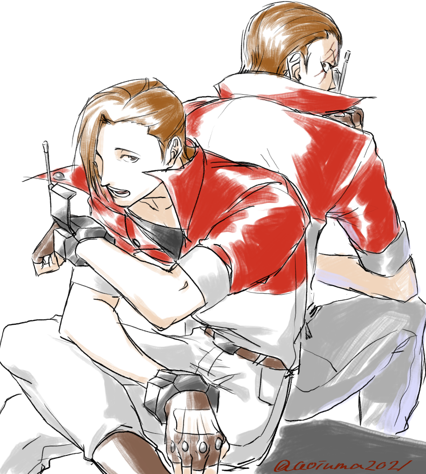 2boys ace_attorney aoiuma2021 artist_name back-to-back belt black_shirt brown_gloves brown_hair clone communicator constricted_pupils crossed_legs dual_persona fingerless_gloves forehead gloves grey_eyes hair_over_one_eye half-closed_eyes jacket looking_at_viewer looking_back male_focus matt_engarde multiple_boys one_eye_covered open_mouth pants phoenix_wright:_ace_attorney_-_justice_for_all pocket radio_antenna red_jacket scar scar_across_eye scar_on_face shirt short_hair short_sleeves signature simple_background sketch talking_on_phone teeth twitter_username white_background white_pants