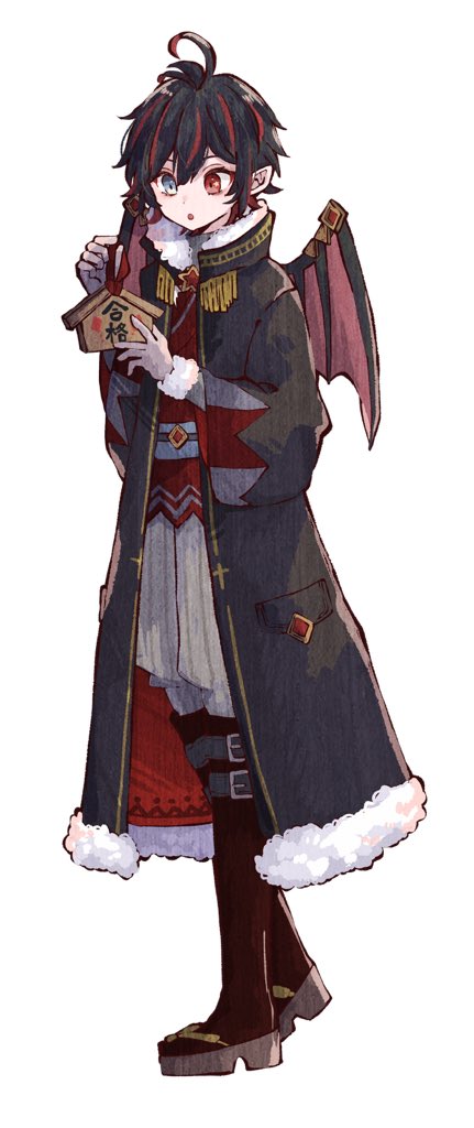 1boy bat_wings black_hair bloomminority boots buckle chain coat ema epaulettes full_body fur_collar fur_trim gloves grey_eyes heterochromia indie_virtual_youtuber long_coat pointy_ears red_eyes red_highlight seno_ruki short_hair solo white_background wings