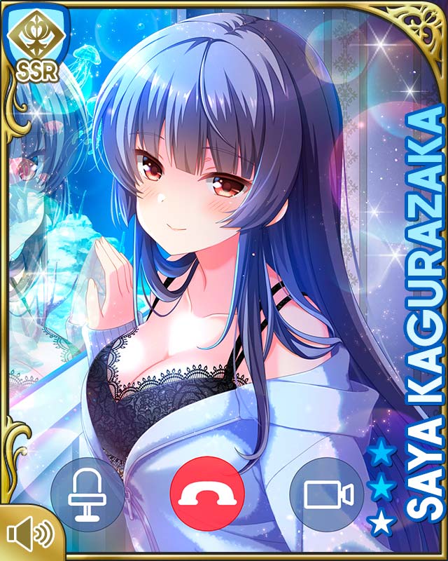 1girl aquarium bare_legs barefoot bedroom black_bra blue_hair bookcase bra brown_eyes card_(medium) character_name girlfriend_(kari) grey_hoodie grey_shorts hood hoodie indoors kagurazaka_saya long_hair mobile_phone night official_art open_mouth qp:flapper shorts smile standing tagme underwear
