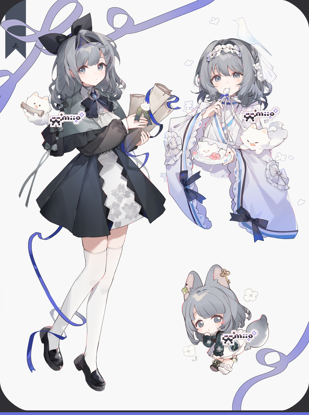 1girl animal animal-themed_food animal_ear_piercing animal_ears animal_on_arm animal_on_head arin_(fanfan013) artist_name bird bird_on_head black_bow black_bowtie black_dress black_footwear black_hairband blush_stickers bow bowtie braid brooch buttons capelet cat cat_ears cat_tail cherry_blossom_print chibi commentary commission cropped_torso dove dress eating floral_print frilled_capelet frilled_hairband frilled_socks frills full_body grey_capelet grey_eyes grey_hair hair_bow hair_intakes hairband highres holding holding_plate holding_scroll holding_spoon japanese_clothes jewelry kemonomimi_mode kimono lace-trimmed_sleeves lace_trim layered_dress light_blush loafers long_hair long_sleeves looking_at_viewer low_twin_braids multiple_views on_head open_door original parted_lips plate puffy_long_sleeves puffy_sleeves purple_kimono purple_ribbon ribbon scroll shirt shoes short_dress single_blush_sticker single_hair_intake sitting sleeve_bow sleeves_past_wrists socks spoon striped_bow tail thighhighs twin_braids utensil_in_mouth white_bow white_cat white_dress white_hairband white_shirt white_socks white_thighhighs wide_sleeves