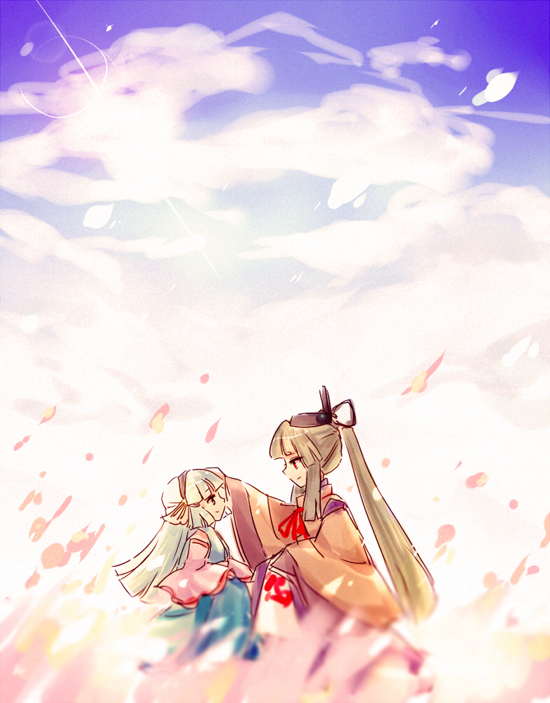 2girls akinomiya_asuka blue_eyes blue_hair blue_sky detached_sleeves frilled_skirt frills green_hair hat headpat japanese_clothes long_hair multiple_girls mystical_power_plant original ponytail red_eyes riverbed_soul_saver sidelocks skirt sky smile suitenguu_no_himemiko suitokuin_tenmu touhou very_long_hair