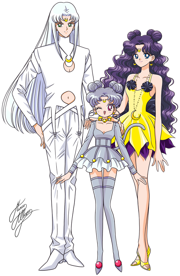 1boy 2girls ;d artemis_(sailor_moon) artemis_(sailor_moon)_(human) bishoujo_senshi_sailor_moon bishoujo_senshi_sailor_moon_stars bishoujo_senshi_sailor_moon_supers bishounen blue_eyes boots cat_tail choker crescent crescent_earrings crescent_facial_mark crescent_necklace diana_(sailor_moon) diana_(sailor_moon)_(human) earrings facial_mark father_and_daughter forehead_mark full_body grey_hair grey_legwear grey_skirt hair_bun hand_on_own_hip jewelry long_hair luna_(sailor_moon) luna_(sailor_moon)_(human) marco_albiero mother_and_daughter multiple_girls necklace one_eye_closed open_mouth pants personification purple_hair red_eyes sandals shirt shoes short_hair signature single_hair_bun skirt smile standing tail thigh_boots thighhighs toeless_footwear very_long_hair wavy_hair white_background white_footwear white_hair white_pants white_shirt yellow_sandals yellow_skirt