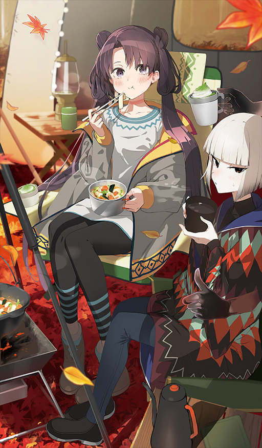 2girls akinashi_yuu autumn_leaves black_eyes black_pants blue_pants blunt_bangs blush boots bowl breasts brown_hair chopsticks cup eating fate/grand_order fate_(series) food ghost_hands gradient_hair grey_hair grey_jacket hotpot iyo_(fate) jacket lantern leaf long_hair long_sleeves looking_at_viewer medium_breasts multicolored_hair multicolored_jacket multiple_girls official_art pants parted_bangs purple_eyes sen_no_rikyu_(fate) short_hair sitting small_breasts sweater tea third-party_source twintails very_long_hair white_sweater yunomi