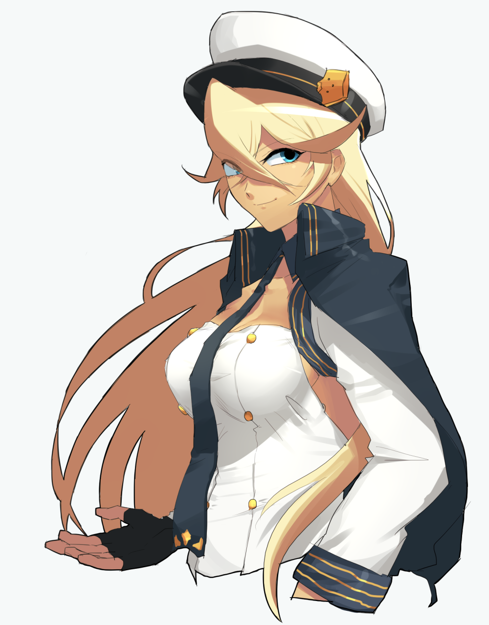 1girl azur_lane bad_id bad_pixiv_id black_gloves blonde_hair blue_eyes breasts dark-skinned_female dark_skin detached_collar dress female_focus fingerless_gloves from_side gloves hair_between_eyes hat highres houjohh jacket jacket_on_shoulders long_hair long_sleeves medium_breasts necktie peaked_cap sideboob smile solo tennessee_(azur_lane)